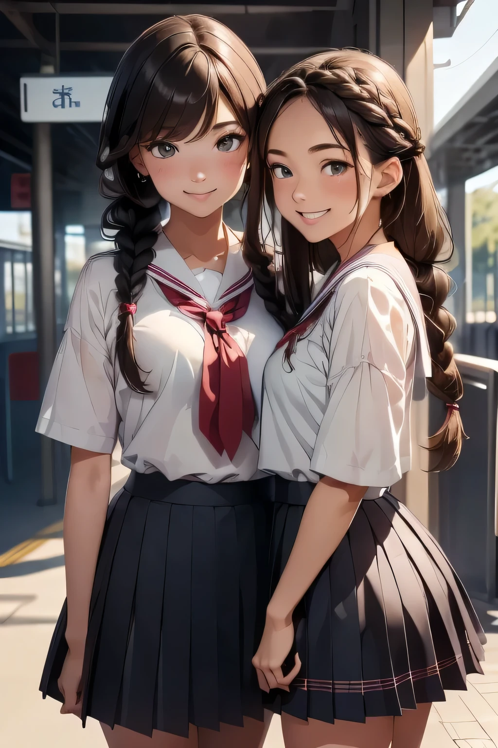 Highest quality、High resolution、Detailed Background、(Beautiful face in every detail:1.4)、Anatomically correct、(Hide your fingers:1.2)、(Detailed facial expressions)、(Detailed eyes:1.2)、Teenage beauty、cute hair color、Braided Ponytail、Braided bob cut、Braided twin tails、Long Hair、well-groomed eyebrows、Perfect body line、Short-sleeved white sailor suit、White sailor collar、Checkered pleated mini skirt、White Stockings、In a joking manner、A fun atmosphere、A big smile、smile、Embrace each other、Cute gestures、(Two beautiful girls waiting for a train on the station platform)、cute