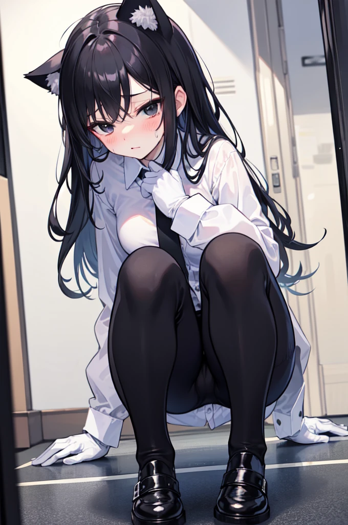 18-year-old Shota,cute,Wear a white long-sleeved shirt and a black work tie,Wear black pants,Wear black booties,Wear white gloves,wear cat ear,Black hair,Black eyes,blush,sweat,Fear,Unwilling,uncomfortable,porn