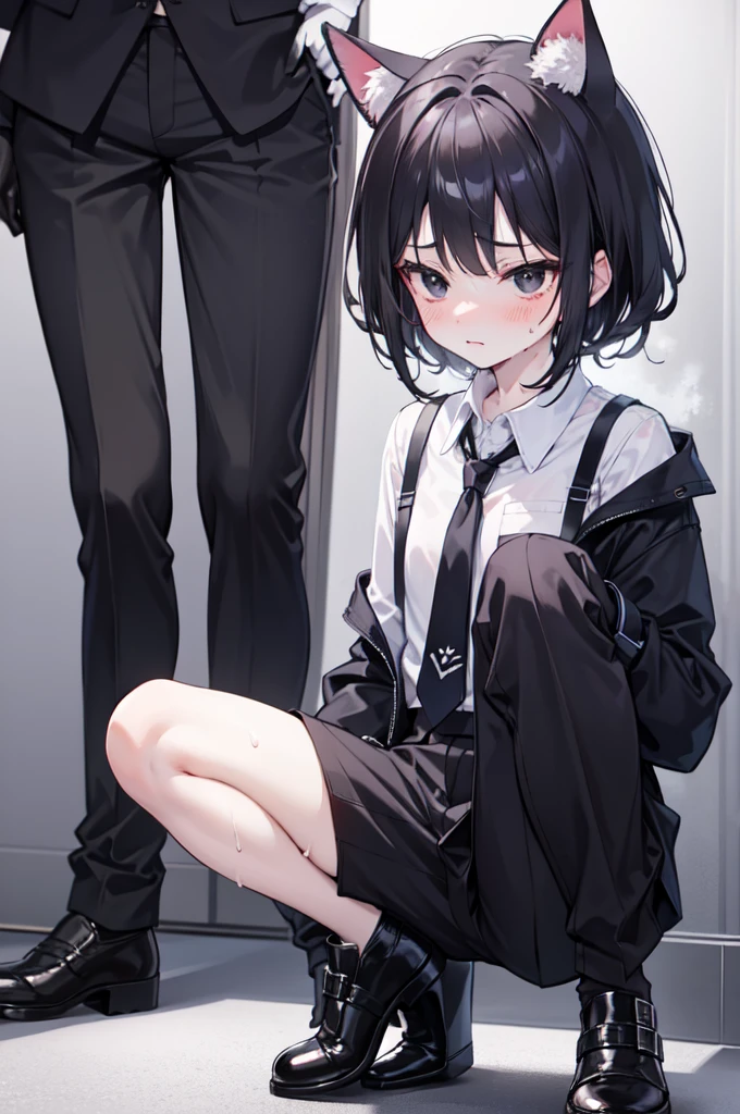 18-year-old Shota,cute,Wear a white long-sleeved shirt and a black work tie,Wear black pants,Wear black booties,Wear white gloves,wear cat ear,Black hair,Black eyes,blush,sweat,Fear,Unwilling,uncomfortable,porn