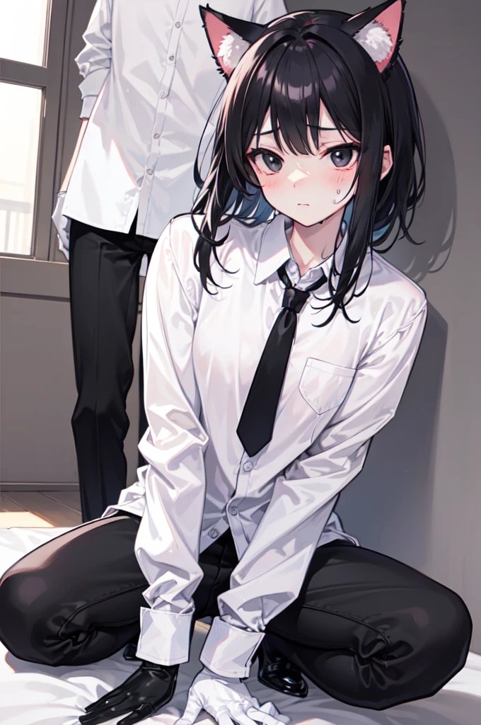18-year-old Shota，cute，Wear a white long-sleeved shirt and a black work tie，Wear black pants，Wear black booties，Wear white gloves，wear cat ear，Black hair，Black eyes，blush，sweat，Fear，Unwilling，uncomfortable，porn