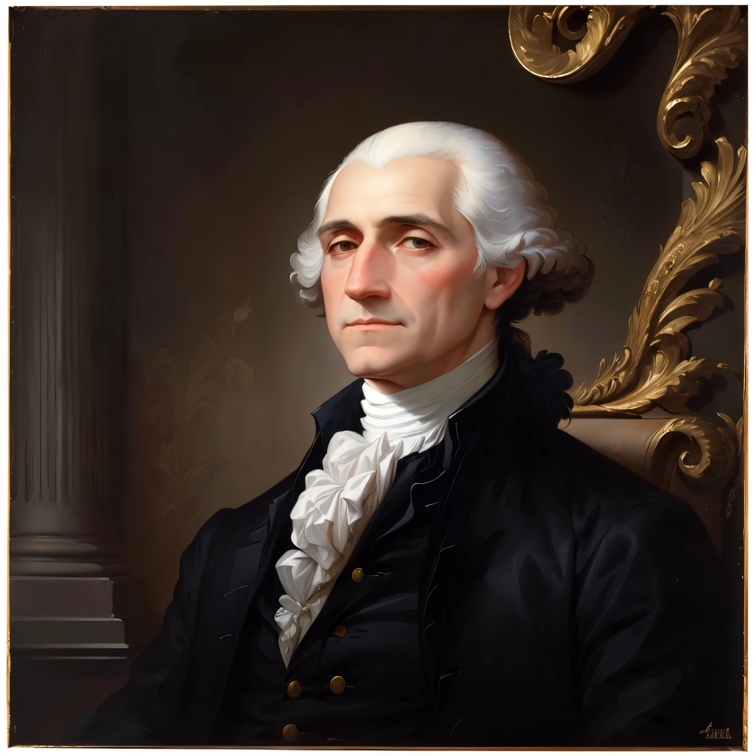 arafed portrait of a man in a black coat and white shirt, portrait of george washington, presidential portrait, george washington, by Samuel Washington Weis, inspired by Samuel Washington Weis, by James Peale, official white house portrait, official portrait, washington, close portrait, by Charles Willson Peale, 3 / 4 view portrait, historic portrait, portrait