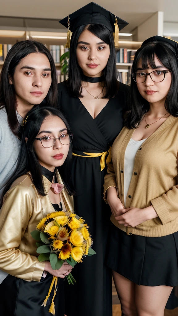 3D caricature big head. A detailed image of a graduation scene featuring three individuals. The person on the left is an older woman wearing a black dress with golden brown patterns and a yellow hijab. She has an oval face with slightly full cheeks and wears glasses. She is holding a large bouquet of flowers tied with a ribbon. The person in the middle is a young woman in a black graduation gown with maroon and yellow trim, and a blue dress underneath. She wears a black graduation cap with a yellow tassel. She has long black hair, thick eyebrows, large eyes, and thin lips. A gold medal hangs around her neck, and she holds two diplomas. The person on the right is a man wearing a light brown jacket, a white shirt, and black pants. He has a round face, short black hair, and a broad smile. He stands holding the diploma with the middle person. The background features a modern interior with shelves and decor items.