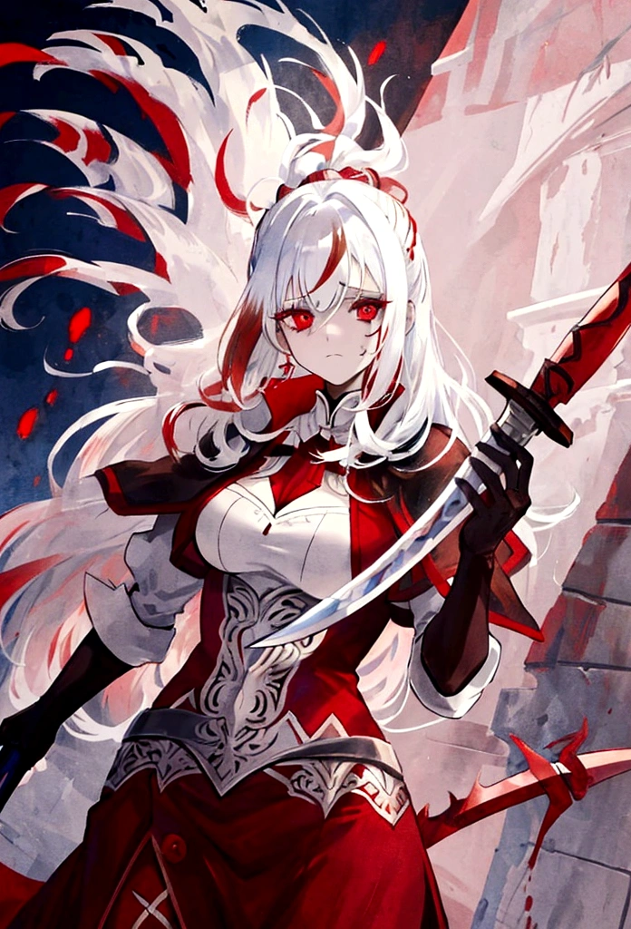woman with white hair with red streaks, a sad facial expression, detailed red eyes, holding a large red sword, in a dark place
