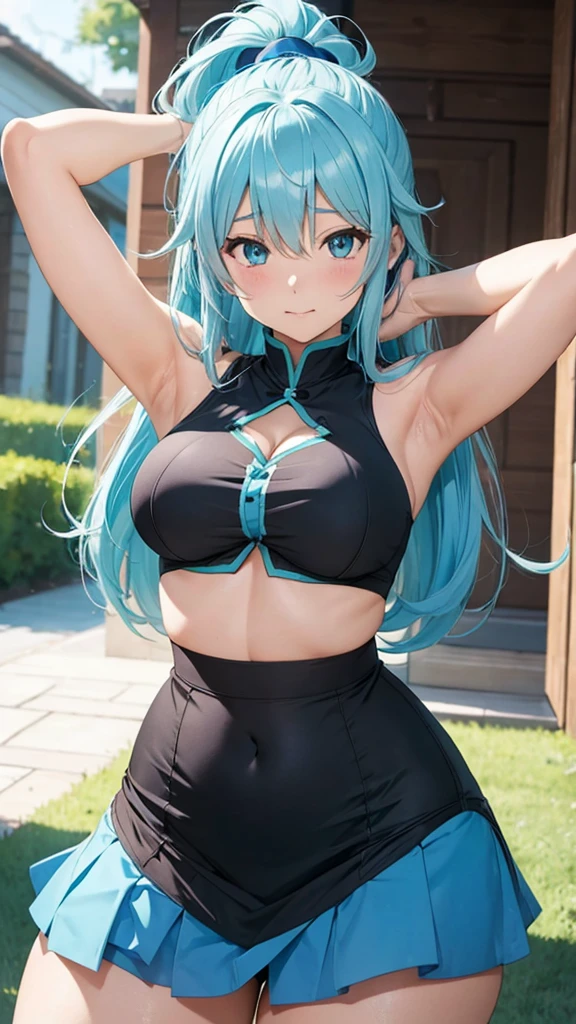 Aqua konosuba thick thighs big breast tight black shirt short sexy skirt blue panties exposed armpits