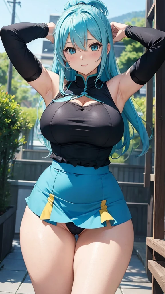 Aqua konosuba thick thighs big breast tight black shirt short sexy skirt blue panties exposed armpits