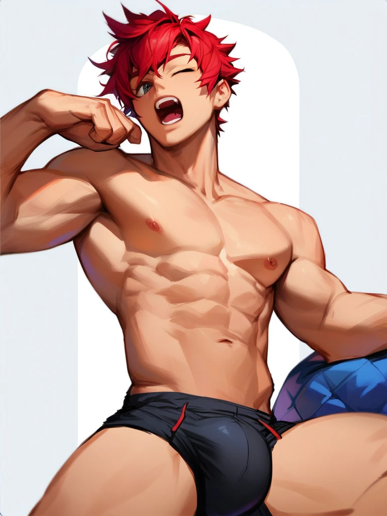 score_9, score_8_up, score_7_up, score_6_up, boy, red hair, bangs, hair down, short hair, one eye closed, yawning, shirtless, black shorts, cool, front, muscular, huge bulge, looking at viewer, simple white background, concept art, RinotunaYei,