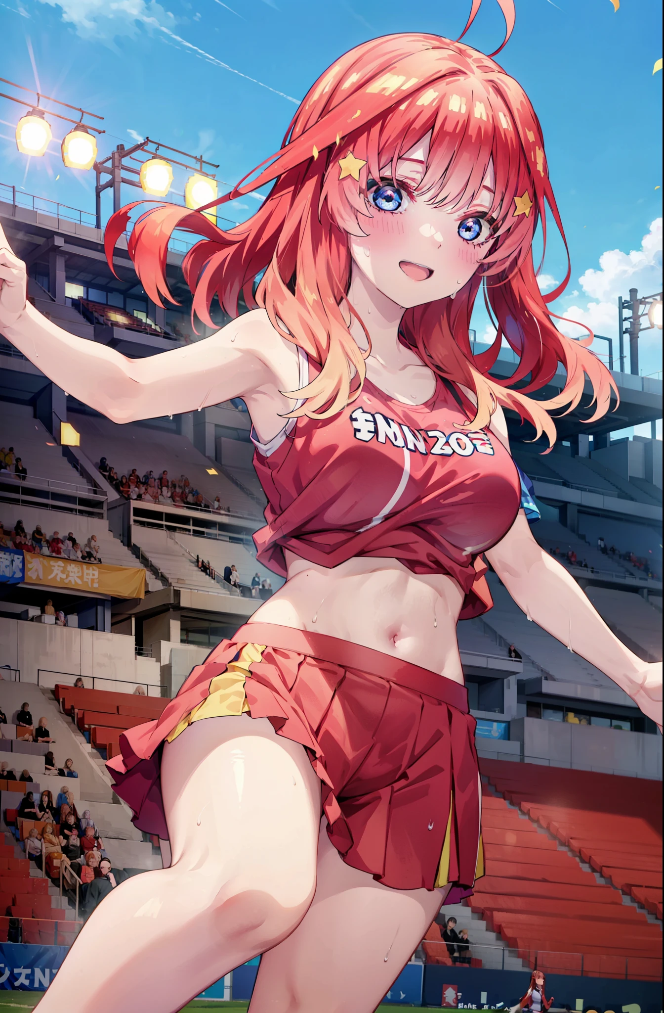 itsukinakano, Itsuki Nakano, bangs, blue eyes, hair between eyes, Ahoge, Redhead, star \(symbol\), happy smile, smile, Open your mouth,hair ornaments, star hair ornaments,(cheer leading), (whole body), , Lower, (Sweaty), Sweaty Wet Clothes (Red clothes), No sleeve,Belly button supp playground, (Jump), (Jump), 足を曲げてJumpする, air, blue sky, Grass原, smileのチアリーダー, Pom-pom \(cheer leading\), Grass, whole bodyがイラストに入るように,crowd, people々々,
break outdoors, Stadium,
break looking at viewer, whole body,
break (masterpiece:1.2), Highest quality, High resolution, unity 8k wallpaper, (shape:0.8), (Fine and beautiful eyes:1.6), Highly detailed face, Perfect lighting, Highly detailed CG, (Perfect hands, Perfect Anatomy),