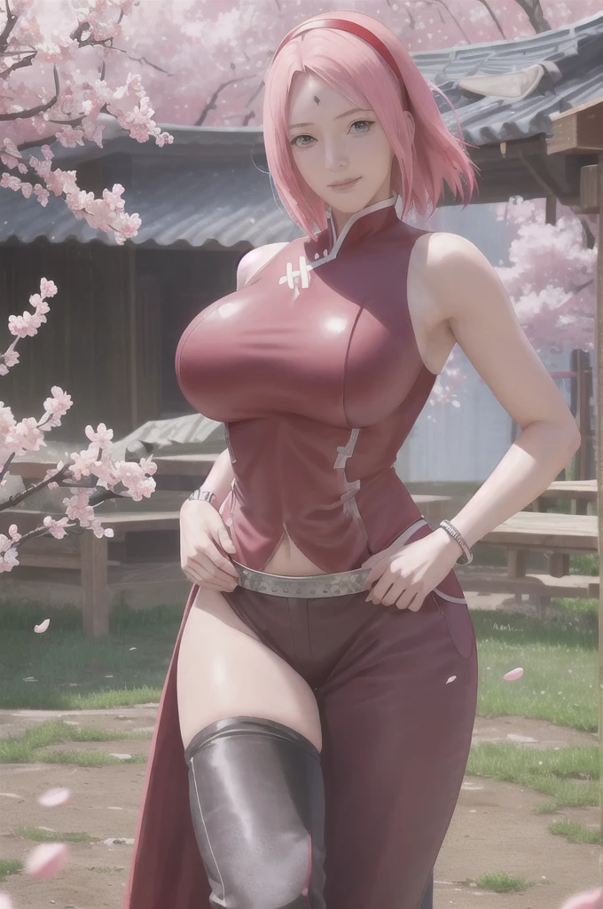 Realistic, Photorealistic,cowboy shot,masterpiece, absurdres ,1girl, haruno sakura, forehead mark, red hairband, red sleeveless dress,black panty, navel, groin, bracelet, looking at viewer, smile, cherry blossoms, private garden, wind, floating hair, large breast ,(((wide hips))), toned body, detailed eyes,