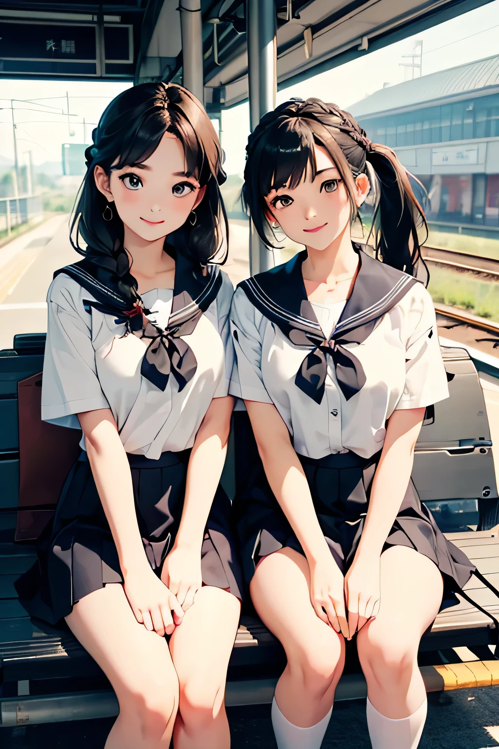 Two girls sitting on a bus bench,A short-sleeved white sailor leotard with blue frills,Checkered bow tie,school bag,18-year-old,bangs,A small smile,Big Bare Thighs,knees,Spread your legs,Short hair with low pigtails,From below,Front light