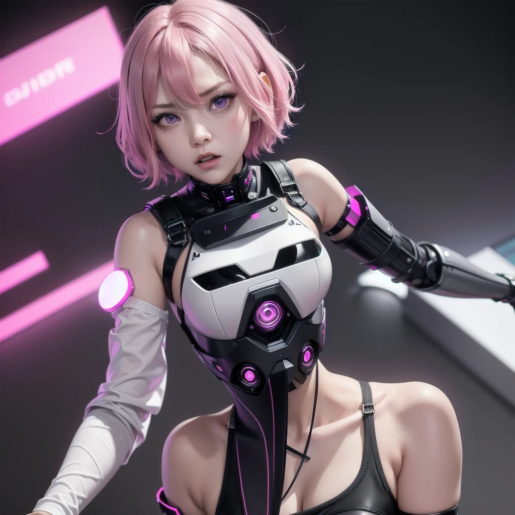 1girl, short pink hair, purple eyes, sexy robot white body, angry face, 8K, Hi-Res, black steel masker