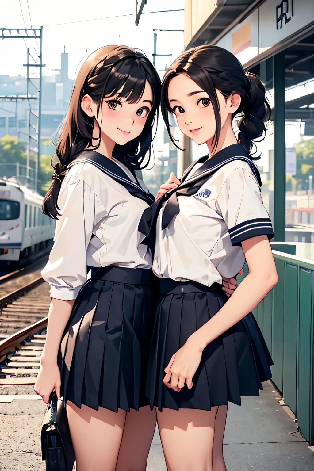 Highest quality、High resolution、Detailed Background、(Beautiful face in every detail:1.4)、Anatomically correct、(Hide your fingers:1.2)、(Detailed facial expressions)、(Detailed eyes:1.2)、Teenage beauty、cute hair color、Braided Ponytail、Braided bob cut、Braided twin tails、Long Hair、well-groomed eyebrows、Perfect body line、Short-sleeved white sailor suit、White sailor collar、Checkered pleated mini skirt、White Stockings、In a joking manner、A fun atmosphere、A big smile、smile、Embrace each other、Cute gestures、(Two beautiful girls waiting for a train on the station platform)、cute
