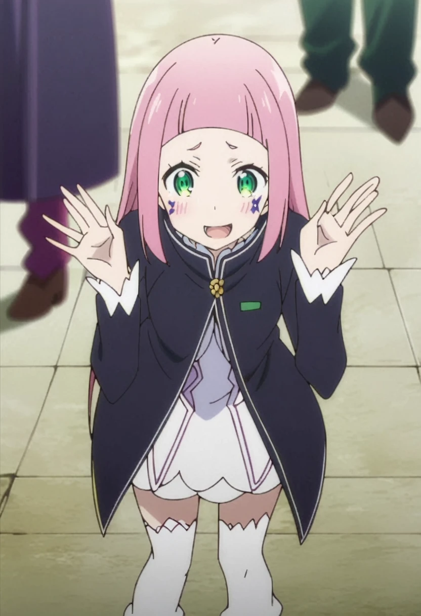 score_9, score_8_up, score_7_up, source_anime, rating_safe, anime screencap, rezero_style, (masterpiece), best quality, expressive eyes, ((excited)), (unique bangs), (himecut), ((dark blue gakuran)), (half lidded eyes), (smile), (eye markings), (blushing), ((1girl)), (leg warmers), (pink hair), (straight hair), (bangs), (green eyes), makeup, bangs (standing pose), cotton tights
