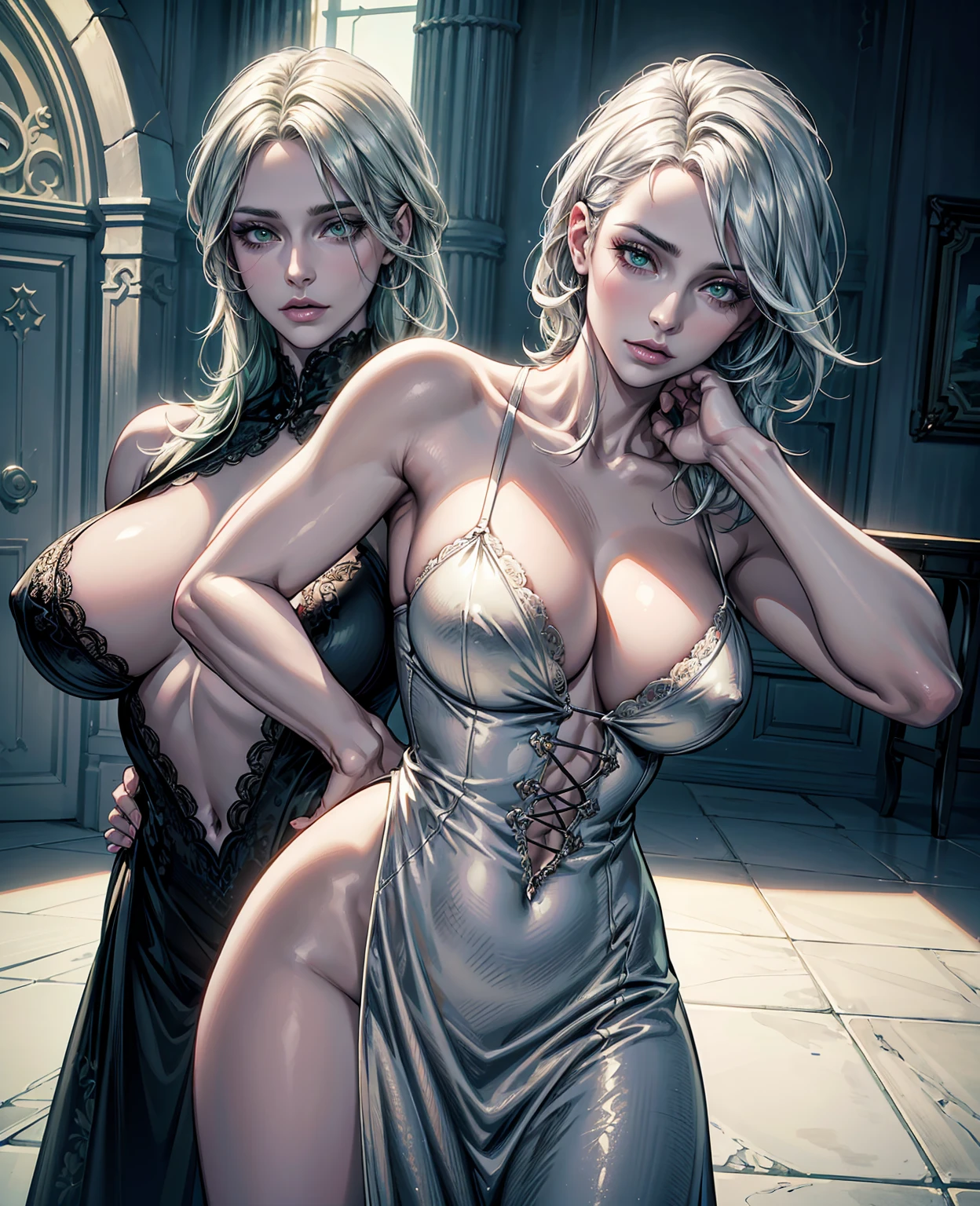 A sexy and curvy woman with white hair and green highlights, pale skin, and green eyes, (best quality,4k,8k,highres,masterpiece:1.2),ultra-detailed,(realistic,photorealistic,photo-realistic:1.37),digital art, detailed face, porcelain skin, gorgeous, alluring, sensual, seductive, fashionable outfit, intricate hairstyle, dramatic lighting, moody atmosphere, cinematic, high contrast, vibrant colors