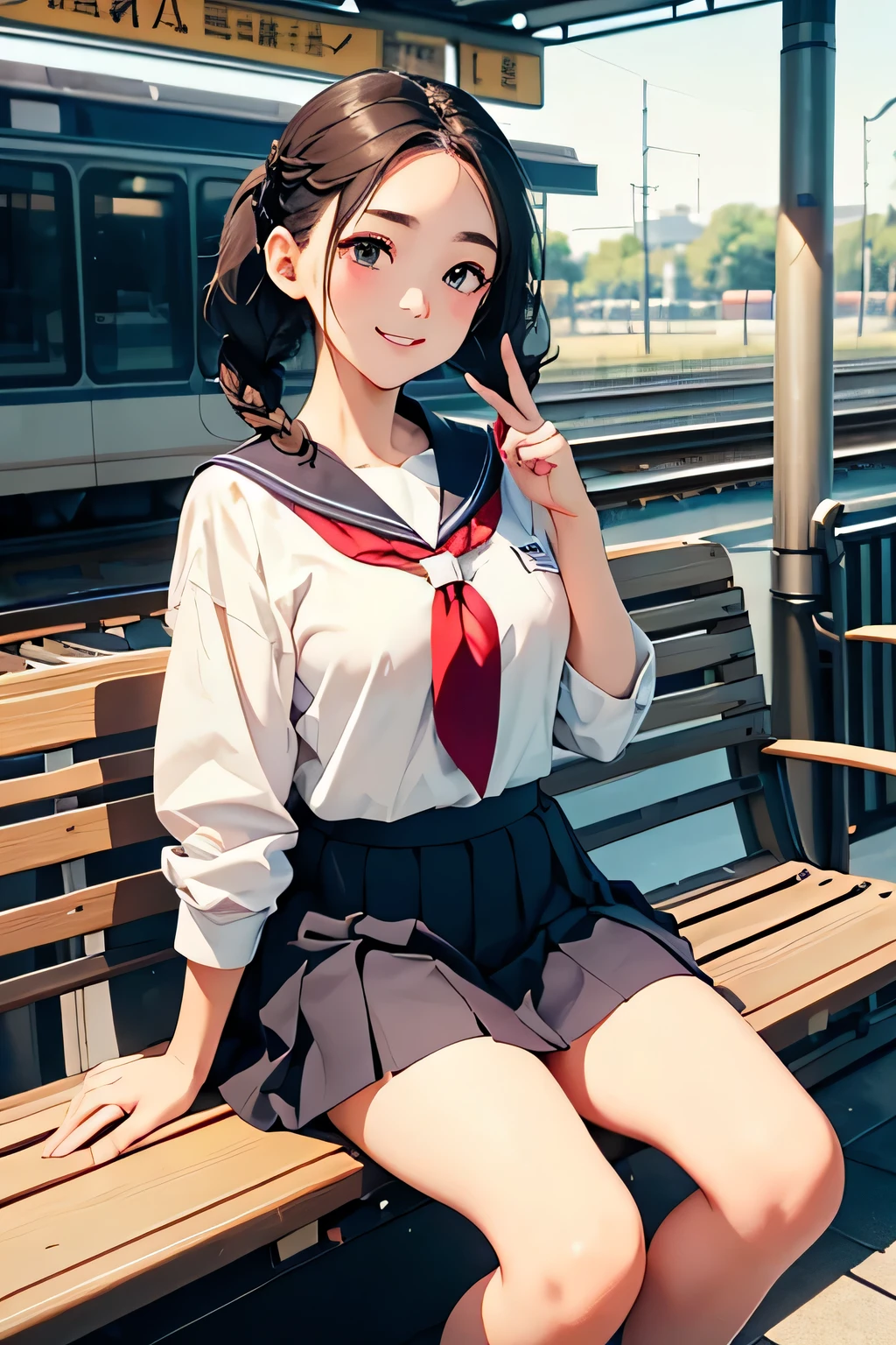 Highest quality、High resolution、Detailed Background、(Beautiful face in every detail:1.4)、Anatomically correct、(Hide your fingers:1.2)、(Detailed facial expressions)、(Detailed eyes:1.2)、Teenage beauty、cute hair color、Braided Ponytail、Braided bob cut、Braided twin tails、Long Hair、well-groomed eyebrows、Perfect body line、Short-sleeved white sailor suit、White sailor collar、Checkered pleated mini skirt、White Stockings、In a joking manner、A fun atmosphere、A big smile、smile、Embrace each other、Cute gestures、(Two beautiful girls waiting for a train on the station platform)、cute