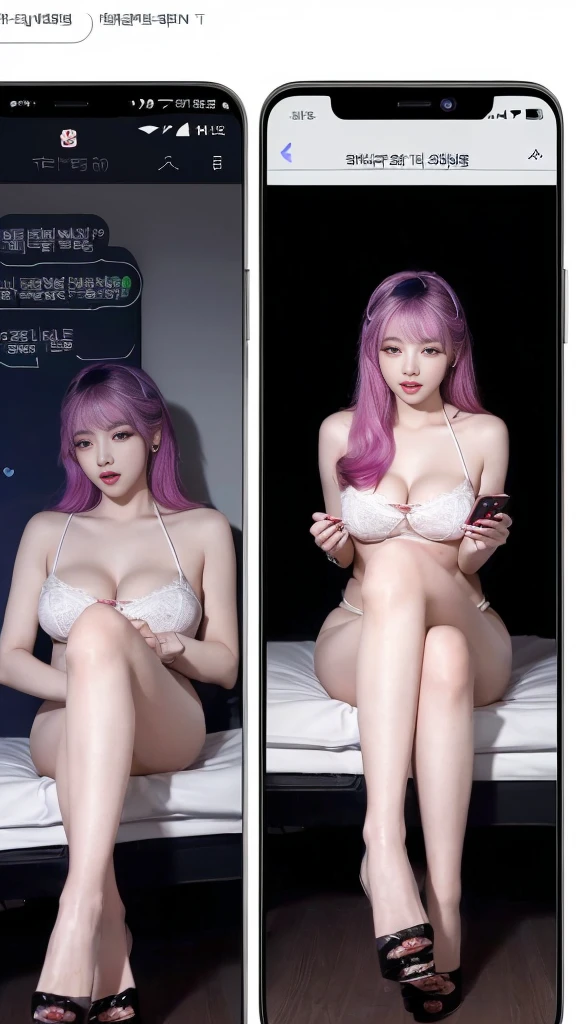 (high quality), (SFW), (vertical split screen:1.6), (Various scans:1.5), (A mature prostitute who enjoys a smartphone chat app with numerous Korean adult men.... : 1.6), (20-year-old Korean girl : 1.5), (The girl has colorful dyed hair and pretty face makeup... : 1.4), (She is wearing a feminine dress and stockings..., Sitting on bed wearing strappy high heels and chatting online with several men.....), Her smartphone display shows numerous Korean adult men chatting with her....., Chat language is English., (The man is waiting for her answer.,:1.4), A pop-up window will appear on both her and his smartphones......, Each other'chat history, Online Profiles and Photos, And the man looks at her smartphone screen and waits for her answer......, He and she take turns messaging on a chat app..., her time is night,