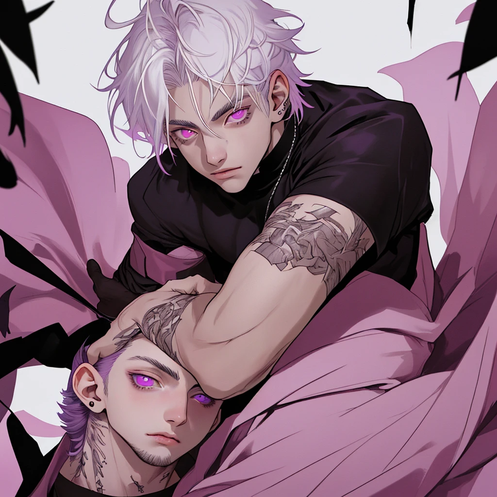 demon man with left half black and right half white hair, blue eyes, horns on his head, bat wings on his back, green scales, and pale purple skin
