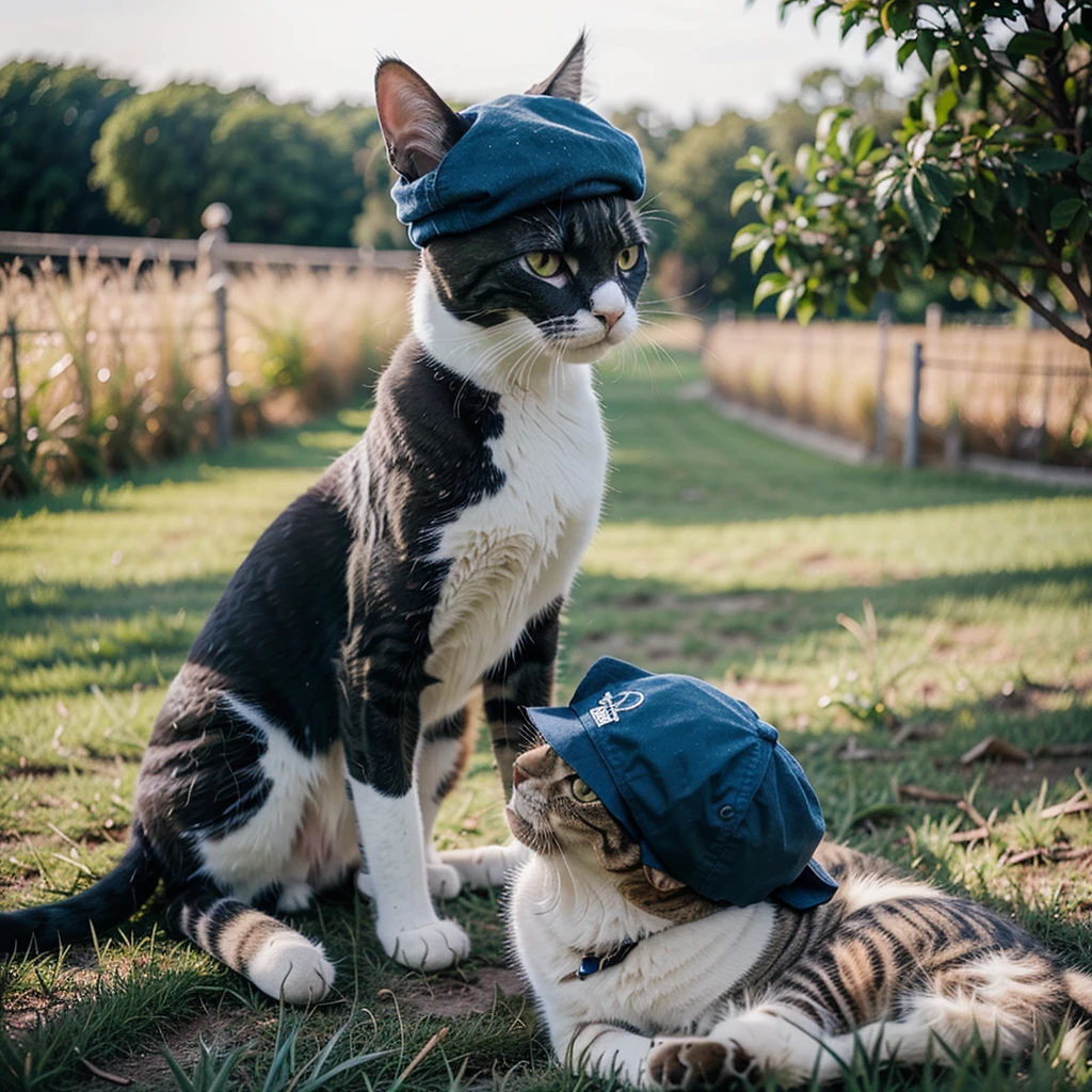 Photography of a cat with a blue cap, film grain, green grass landscape, F/8, ISO400, 100mm