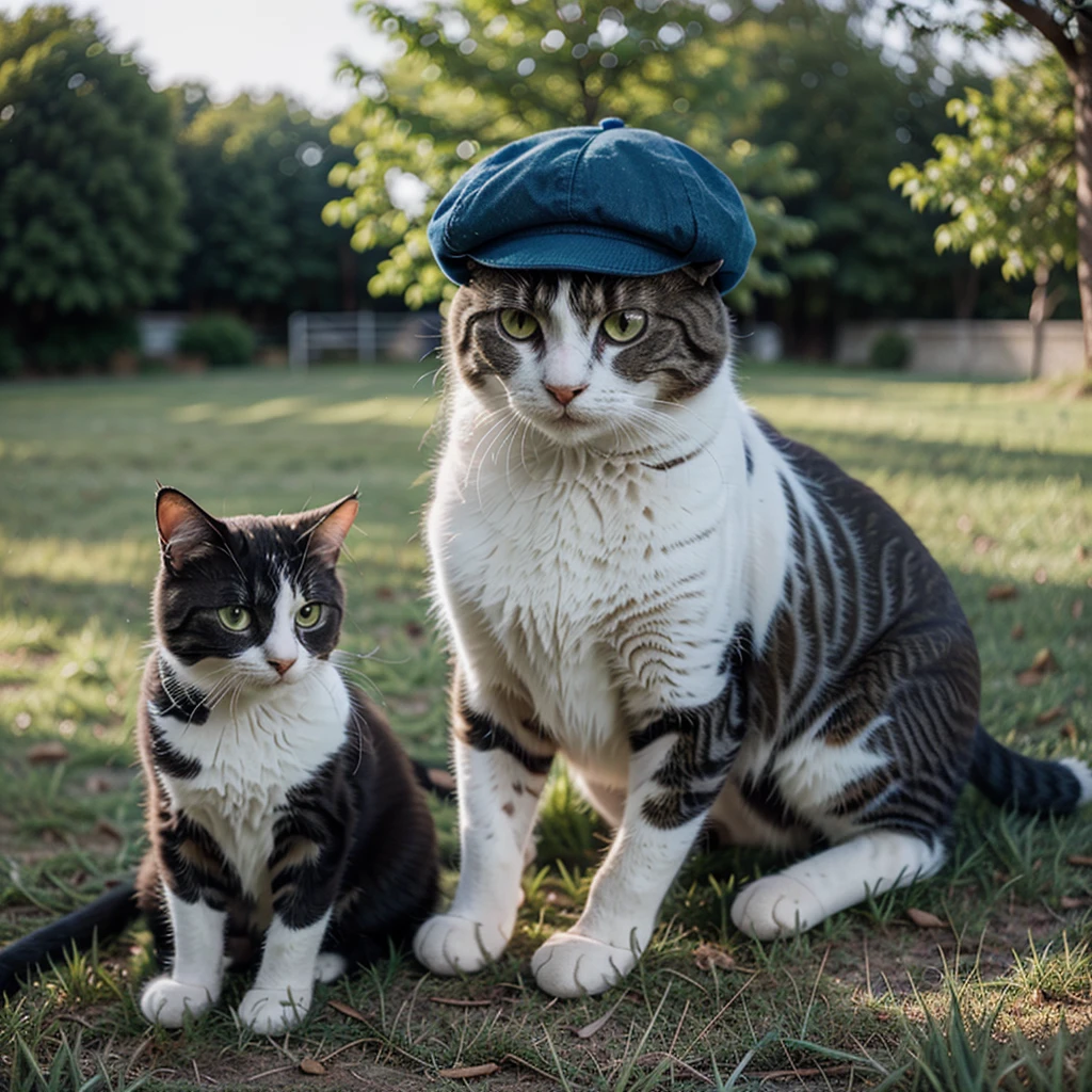 Photography of a cat with a blue cap, film grain, green grass landscape, F/8, ISO400, 100mm