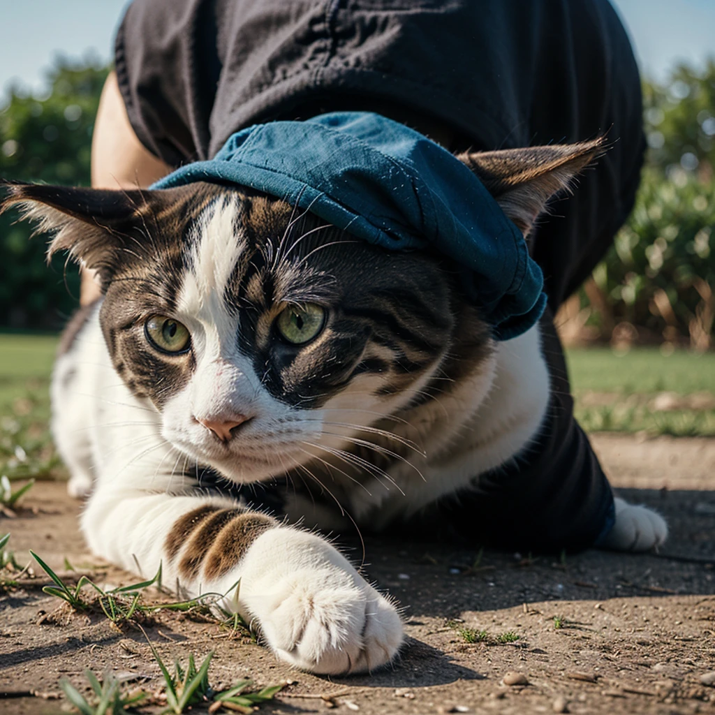 Photography of a cat with a blue cap, film grain, green grass landscape, F/8, ISO400, 100mm