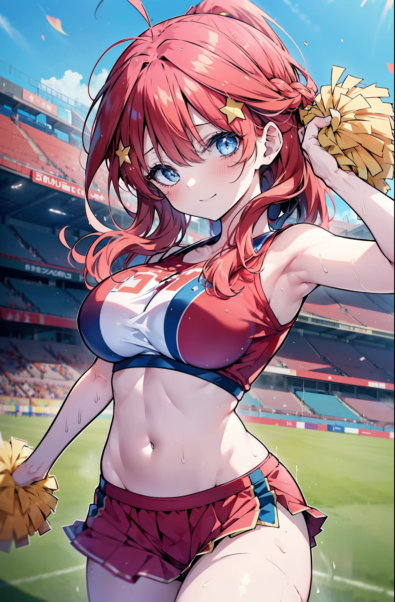 itsukinakano, Itsuki Nakano, bangs, blue eyes, hair between eyes, Ahoge, Redhead, star \(symbol\), happy smile, smile, Open your mouth,hair ornaments, star hair ornaments,(cheer leading), (whole body), Big Breasts, Lower, (Sweaty), Sweaty Wet Clothes (Red clothes), No sleeve,Belly button support, playground, (Jump), (Jump), 足を曲げてJumpする, air, blue sky, Grass原, smileのチアリーダー, Pom-pom \(cheer leading\), Grass, whole bodyがイラストに入るように,crowd, people々々,
break outdoors, Stadium,
break looking at viewer, whole body,
break (masterpiece:1.2), Highest quality, High resolution, unity 8k wallpaper, (shape:0.8), (Fine and beautiful eyes:1.6), Highly detailed face, Perfect lighting, Highly detailed CG, (Perfect hands, Perfect Anatomy),