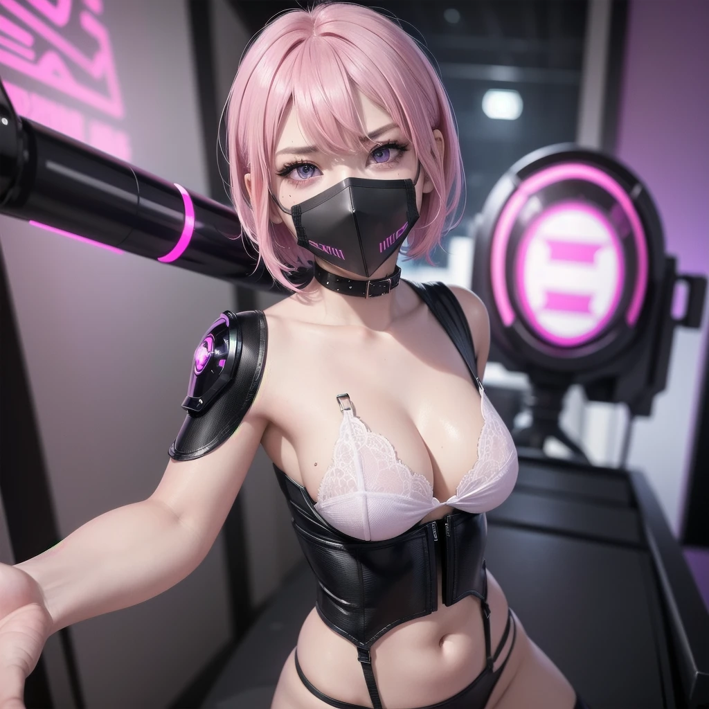 1girl, short pink hair, purple eyes, sexy robot white body, angry face, 8K, Hi-Res, black steel masker