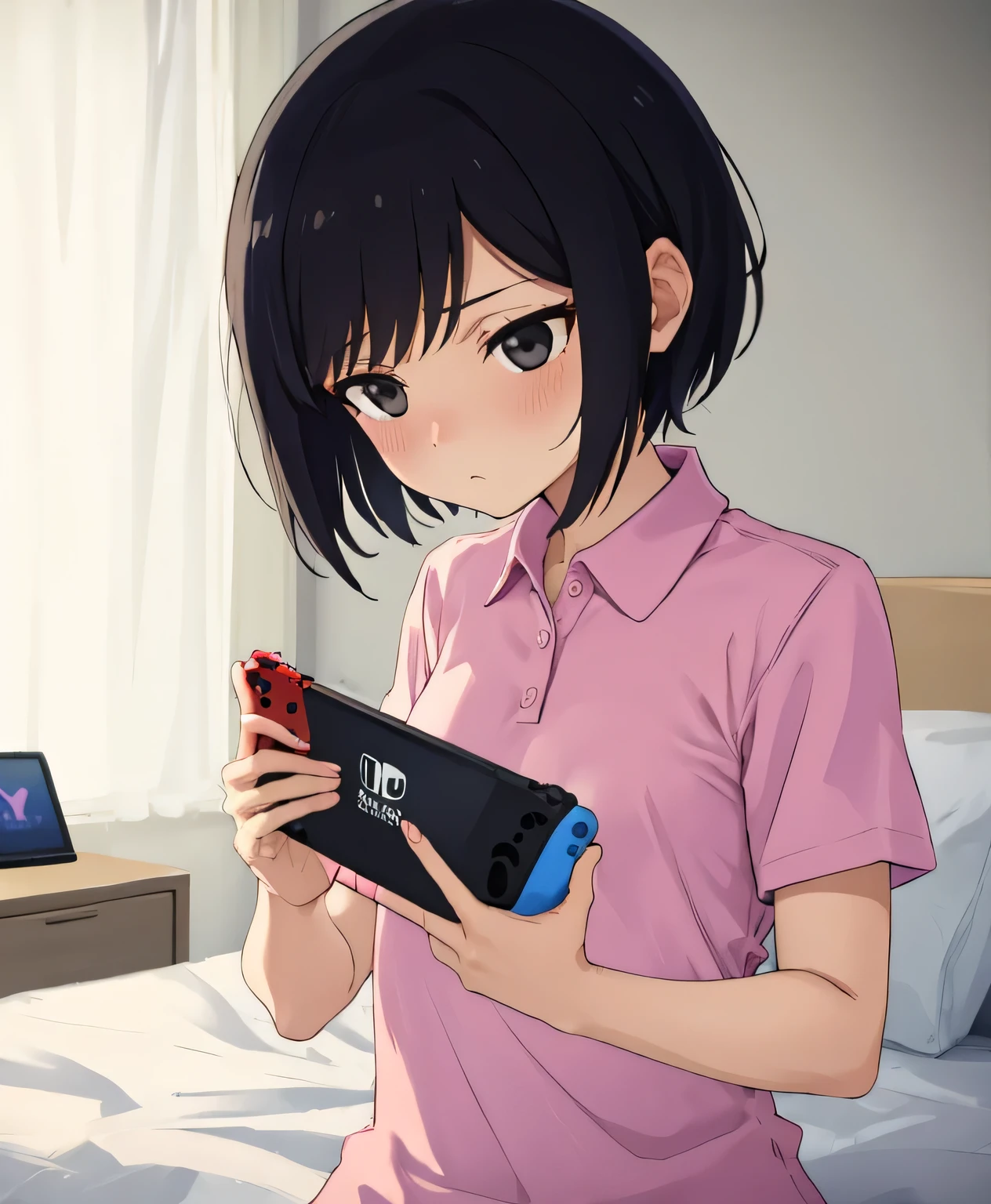 1.Woman in pink polo shirt, short sleeves, cute, light eyes, black hair, short hair, naked, small breasts, black eyes, holding, holding handheld game console, nintendo switch, bottomless, indoors, on bed, simple background, emotionless sex, distracted 1男