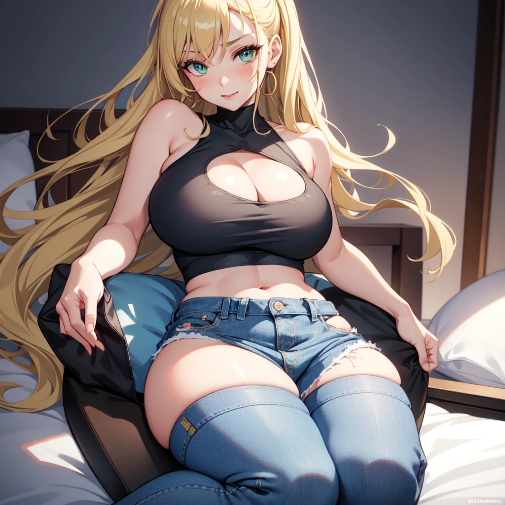One girl, solo, Big round breasts, clevage, curvy hips, realistic, blonde hair, light green eyes, amazing big eyes, eye details, eyebrow details, white crop top, denim skirt, big lips, blush, confident, dominant, bdsm, smirk, naughty, mischevious face, HD, good quality, crop top, curvy, bedroom setting,