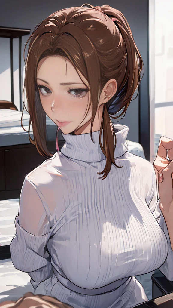 ((safety Sensors、safety、safety、Absolute safety、Everyone)) 、masterpiece, highest quality, Detailed face, Fine grain, withdraw, ponytail, Ribbed sweater dress、Sitting on a pink love hotel bed, Heavy makeup、((Sweating and blushing, Super big , Biting a condom, holding a condom with semen on it, Condom))、Detailed and complete characters、Age 34、sexy milf, Beautiful Japanese Women、((pov:1.8))、Top view、From head to toe、