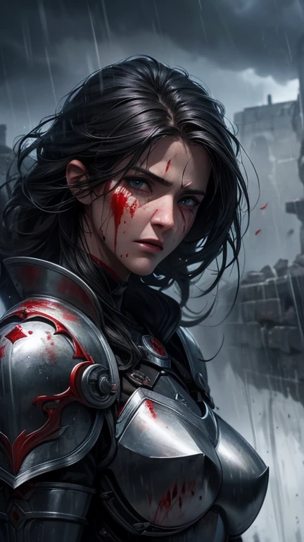 create an intense breath-taking picture of a female knight after bloody war, blood on her face, really tired expression, rain and thunder raging, watercolor effect, HD, 4K