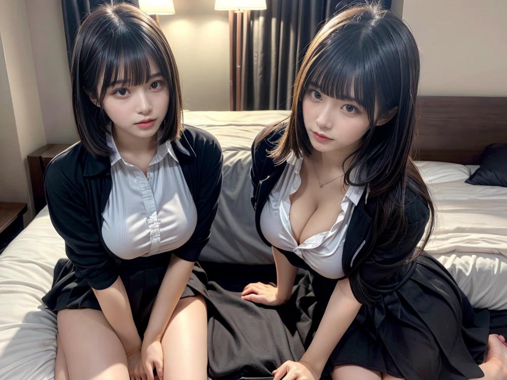 masterpiece, best quality, illustration, Super detailed, fine details, High resolution, 8K,wall paper, perfect dynamic composition,(Details High quality, realistic depiction of eyes:1.3), ((2 girls)),(collared shirt:1.1), pleated skirt, short bob hair、black hair color, Big Natural Color Lip, Play with each other,Touching each other's bodies,Touching the body of the girl next door,bold sexy pose, crying a little、20 year old girl、beautiful legs, hotel room, gravure idol, Voluptuous thighs, huge breasts, Don't expose it