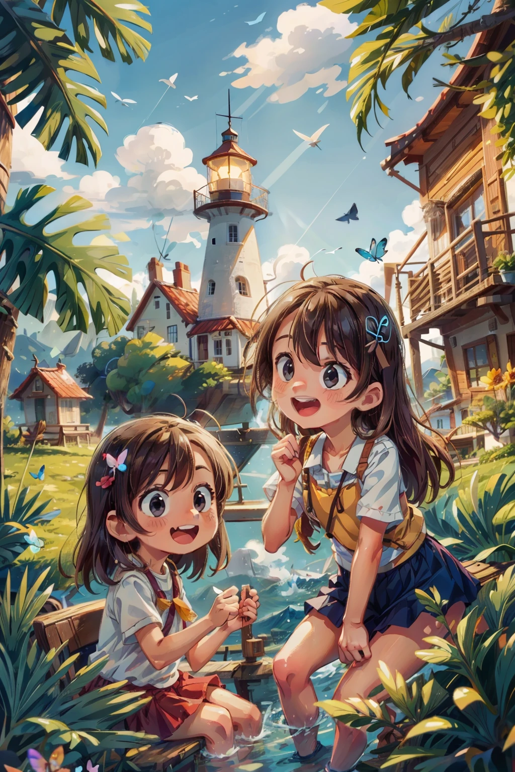 Generates an image of two happy  very young girls sailing on a boat, waves, sea, sky with white clouds. colorful butterflies, lighthouse in the background,