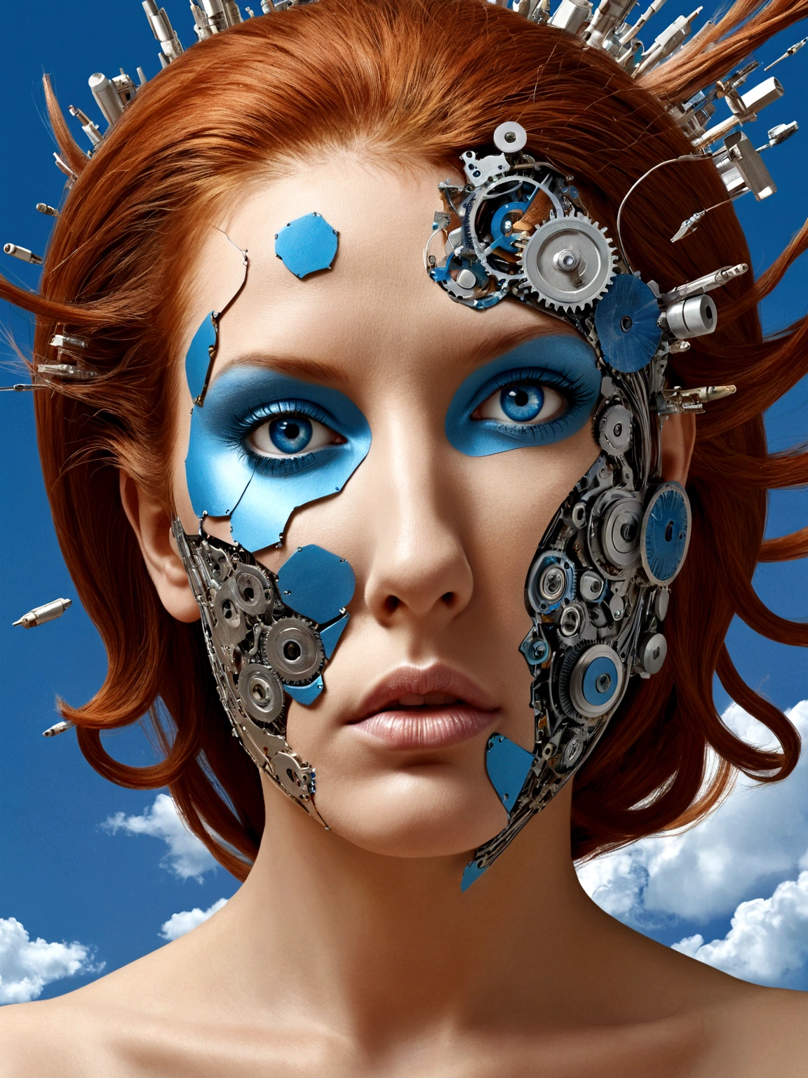  Beauty appearance , ruiva, Ogiva explosiva, Machine parts, that are embedded in the face, transitional, inspirado em Igor Morski, dramatic work of art, photo manipulation, Photo-Manipulation, decair, Explosion of data fragments, hum, Arte oficial, Detalhes incrivelmente altos, Arte do Photoshop, noise effect, azul claro, Also Pink

