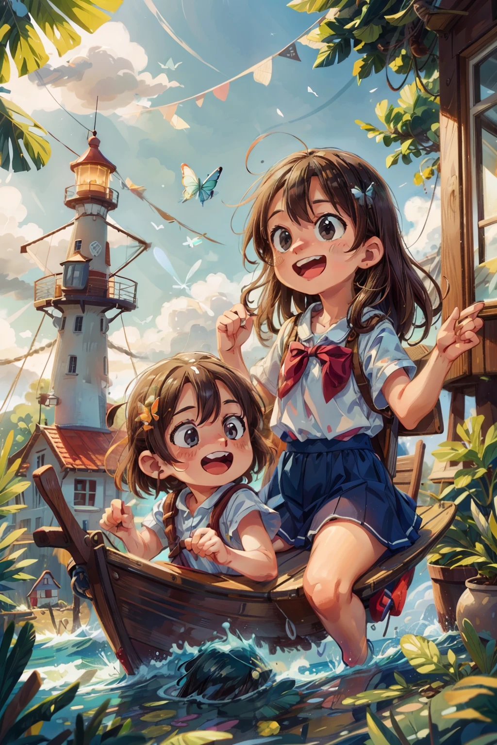 Generates an image of two happy  very young girls sailing on a boat, waves, sea, sky with white clouds. colorful butterflies, lighthouse in the background,