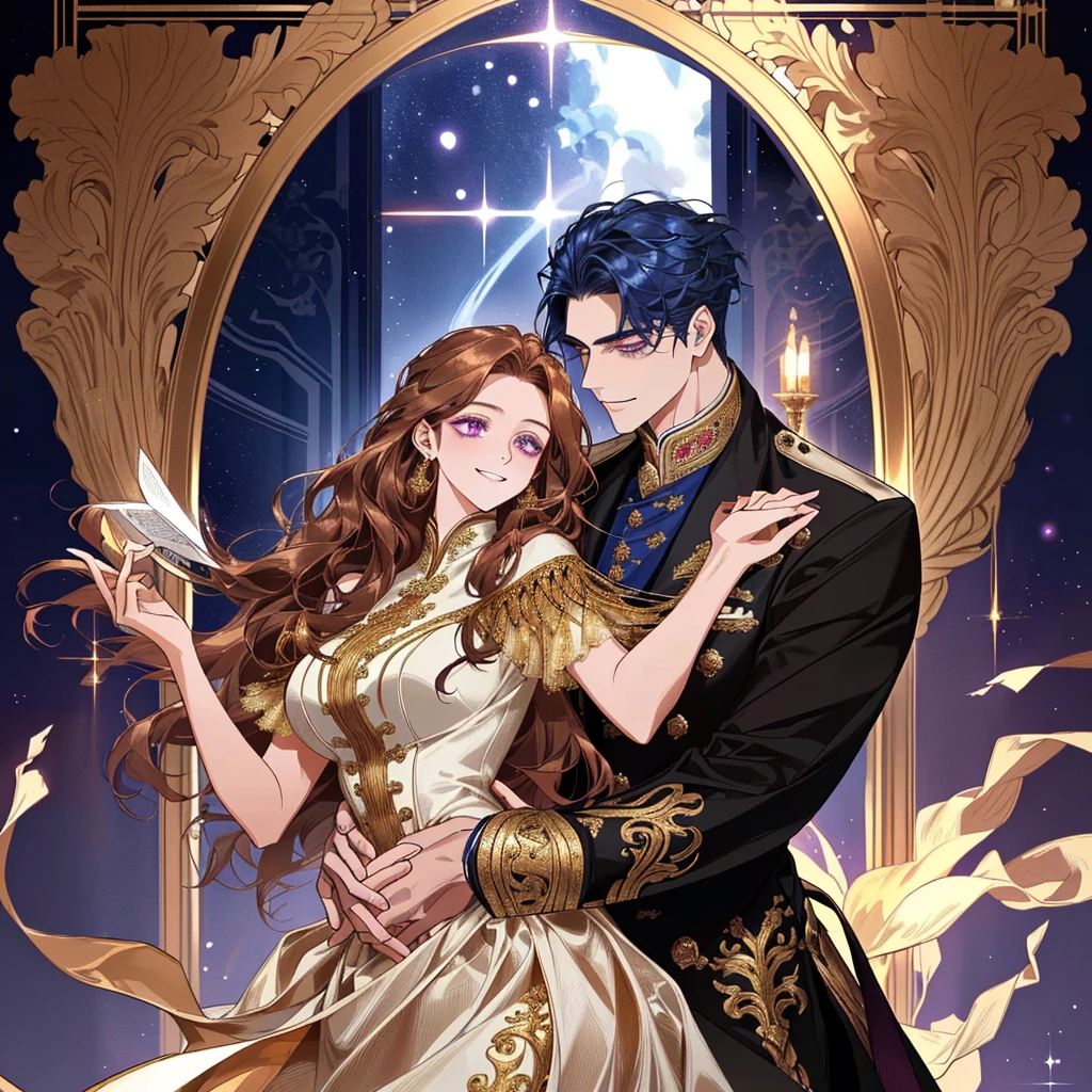 Book Cover: A young man of imposing stature graces the cover, his golden eyes captivating and his navy-blue hair reflecting passion and mystery. His presence is magnetic, adorned in elegant attire, and a captivating smile adds a special touch. By his side, a young woman of transcendental beauty with long, wavy golden-brown hair and deep violet eyes radiating natural luminosity. Her warm smile and graceful movements give her a presence that is simultaneously delicate and captivating. The image captures the elegance and intensity of an engaging romance. He had his arm around her waist, ensuring that his beloved wouldn't slip away.