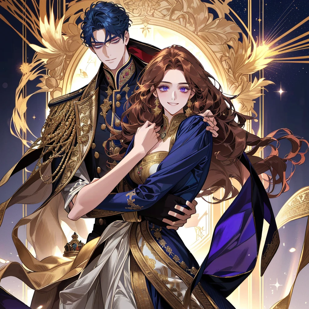 Book Cover: A young man of imposing stature graces the cover, his golden eyes captivating and his navy-blue hair reflecting passion and mystery. His presence is magnetic, adorned in elegant attire, and a captivating smile adds a special touch. By his side, a young woman of transcendental beauty with long, wavy golden-brown hair and deep violet eyes radiating natural luminosity. Her warm smile and graceful movements give her a presence that is simultaneously delicate and captivating. The image captures the elegance and intensity of an engaging romance. He had his arm around her waist, ensuring that his beloved wouldn't slip away.