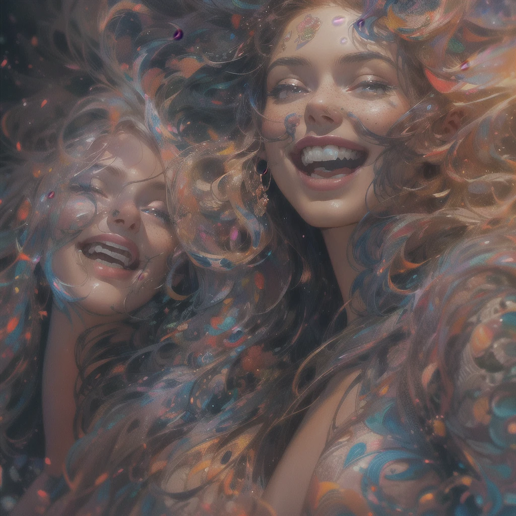 a surreal psychedelic artwork, three extremely beautiful young women in lingerie laughing, erotic atmosphere, (best quality,4k,8k,highres,masterpiece:1.2),ultra-detailed,(realistic,photorealistic,photo-realistic:1.37),hyperdetailed faces, intricate details, vibrant colors, dramatic lighting, dreamlike surreal setting, ethereal atmosphere, sensual poses, high fashion lingerie, glossy skin, long flowing hair, alluring expressions