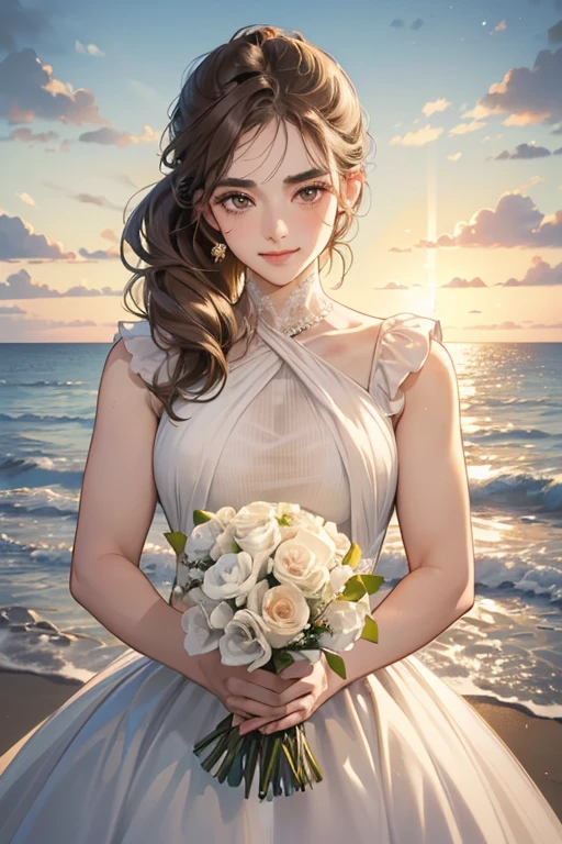 (table top, digital art, digital illustration, 4k, 8k, super detailed, beautiful images, clear image, realistic, RAW photo, perfect face, perfect lines, perfect eyes, soft lighting) 1 female, (light brown hair,chignon hair,innocent look,droopy eyebrows,droopy eyes,With a round face,round chin、innocence,cute,Big eyes,natural makeup,smile gently,E cup,23 years old:1.3),Two handsome men in suits, (human,man wearing a suit,muscular,solid shoulder width,adult male,boyish hairstyle,A man in his 30s with a cool expression,28 year old man with a bright smile:1.2),coastal、beach wedding,(embarrassing,shy smile,bouquet:1.2),Sea side、kiss、Couple kiss、romance porn、couple looking at each other、couple hugging each other