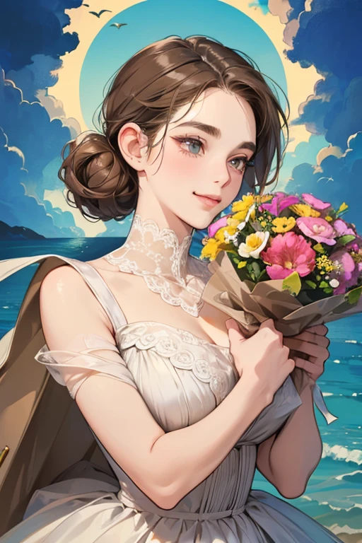(table top, digital art, digital illustration, 4k, 8k, super detailed, beautiful images, clear image, realistic, RAW photo, perfect face, perfect lines, perfect eyes, soft lighting) 1 female, (light brown hair,chignon hair,innocent look,droopy eyebrows,droopy eyes,With a round face,round chin、innocence,cute,Big eyes,natural makeup,smile gently,E cup,23 years old:1.3),Two handsome men in suits, (human,man wearing a suit,muscular,solid shoulder width,adult male,boyish hairstyle,A man in his 30s with a cool expression,28 year old man with a bright smile:1.2),coastal、beach wedding,(embarrassing,shy smile,bouquet:1.2),Sea side、kiss、Couple kiss、romance porn、couple looking at each other、couple hugging each other