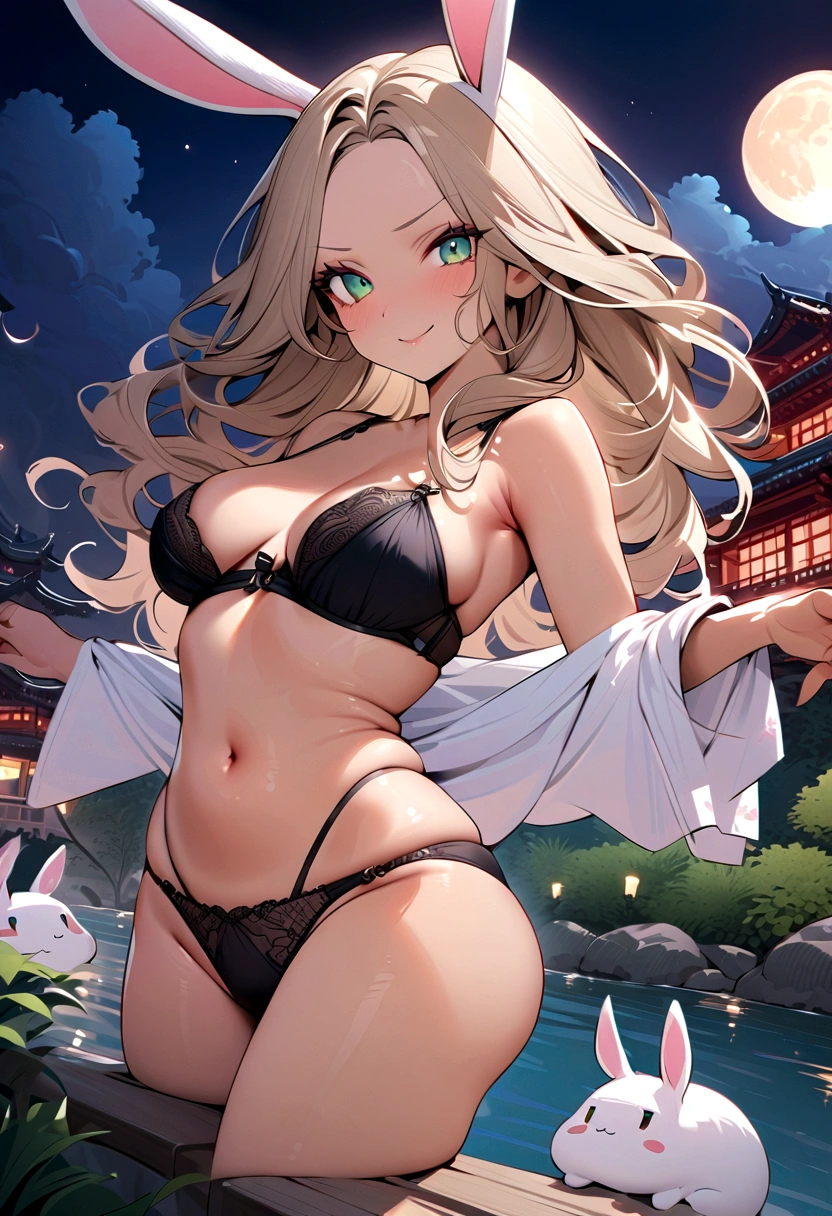 ((masterpiece)), ((best quality)), (ultra-detailed), ((extremely detailed)), 4K, (8K), best quality, (beautiful), A pretty woman with a dark skin, solo, (dark skin:0.8) ,beautiful light brown hair, light brown skin, beautiful green eyes, ((beautiful eyes)), triumphant look, smug look, self-satisfied look 、Highest quality、brown Bunny ears、Tanned woman with big 、light brown hair color, forehead Long curlyWavy Hair、White shirt、Black Bra、Black panties、There is a rabbit Hot spring 、a bright moon shines over beautiful scenery of garden and river in night time, moon, architecture, tree, east asian architecture, full moon, scenery, night, cloud, sky、Lots of rabbits 、Big !、Sexy