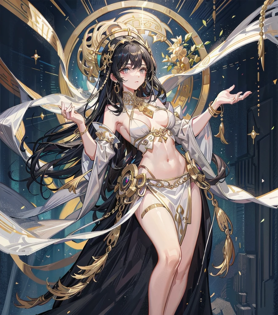 whole body, medium tits, medium hair, black hair, tearful mole, earring, gorgeous belly-dancer in jewelry-dress, white marble castle with golden ornates, Transparent white hanfu golden ornates, gold jewels,