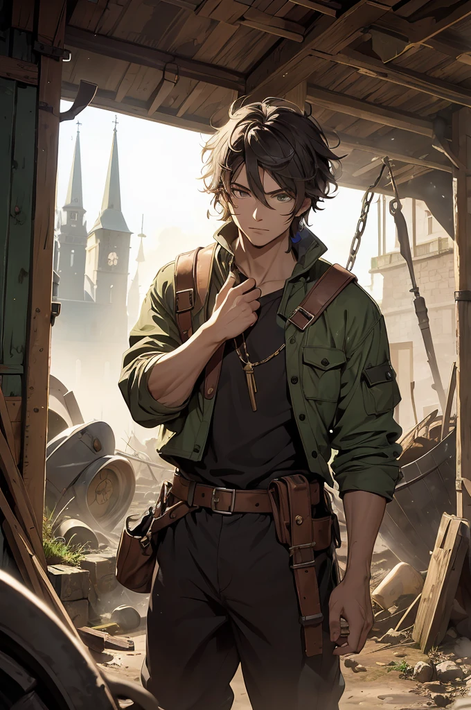 1 homem, europeu ((medieval)) mineiros, (Long Messy Black Hair), olhos amarelos brilhantes, underground, Roupa Suja