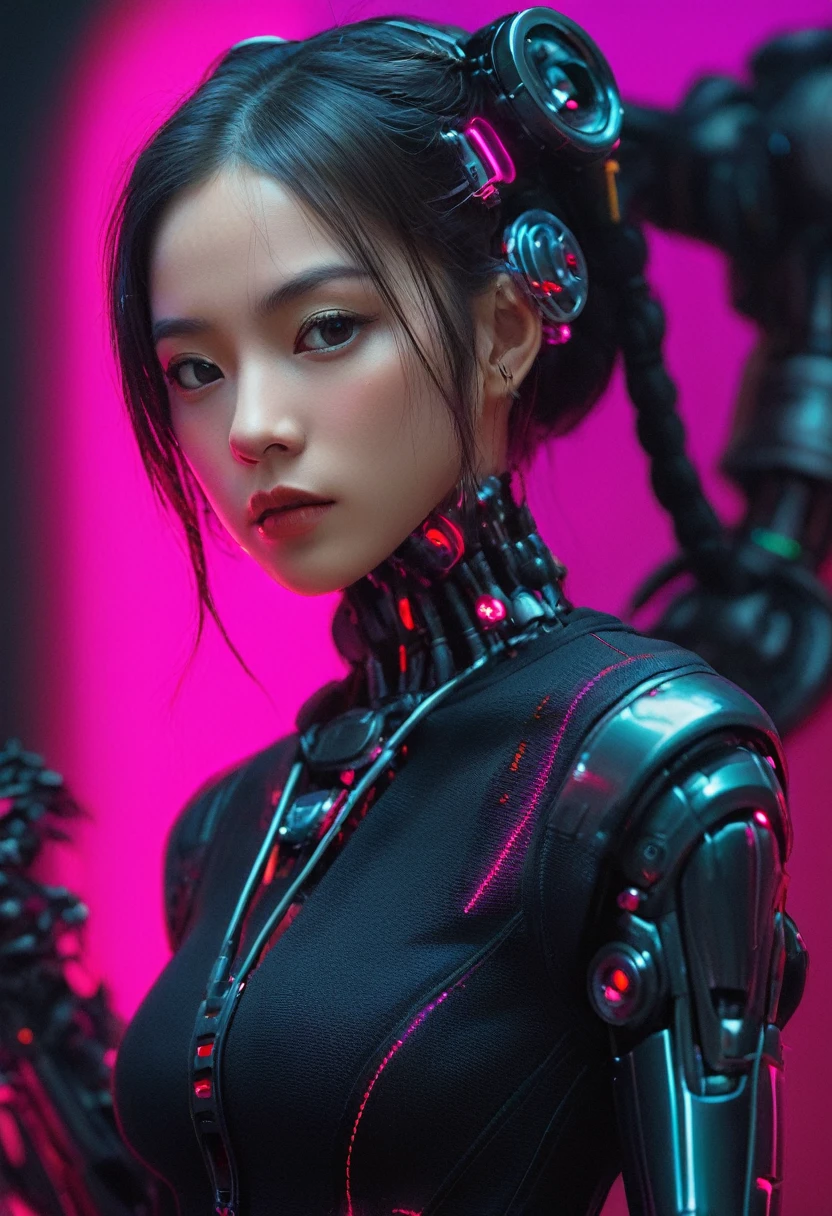 xxmixgirl. Highly detailed professional 35mm film, bokeh, face in sharp focus. A robotic female, Miku, with ((metal skin)), ((perfect Asian eyes)) with magenta irises and ((black pupils)), beautiful serious (detailed face), 18 year old ((photorealistic face)), very long magenta twin tails of magenta hair, twin black hair ties with a single red stripe. She may have a black audio headpiece. We can see her ((full body)) down to her boot soles. Her outfit is a sleeveless collared light grey shirt, outlined in red around the frilled collar and hems. Shiny reflective ((metallic breast cups, dimpleless)), invisible nipples. She wears black sleeves with red hems that start around her upper arm and bellow out as the sleeves open and extend to her wrists, with wide trumpet red rimmed cuffs. She has perfect robotic (detailed hands). She wears a red colored tie with two horizontal solid parallel black lines halfway across. She wears a fabric black skirt with a horizontal red hem at the bottom all the way around; her (((black skirt wraps around her))) and ((her skirt completely covers)) her robotic waist and thighs. Tall black boots with red bottom soles, a red rim around the top at her thighs. Her mechanical shoulder joints are visible. We can see her robotic legs and robotic neck. Half of her is covered with shiny polished machinery. The background is a distant dark neon futuristic Japanese city, gold, cyan, violet neon, near harbor or mountains.