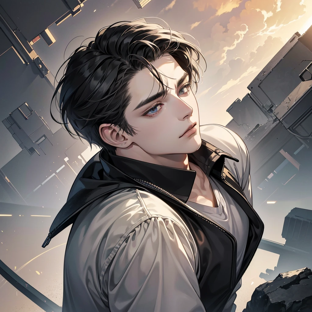 (best quality digital art digital illustration 4k high resolution beautiful image hyperdetailed image perfect lines dark lighting Wallpaper) (1:1 photorealistic) (neutral colors hdr 1.4) (anime style) an adult 25 year old man (expressionless perfect detailed face) medium black hair modern clothes dystopia