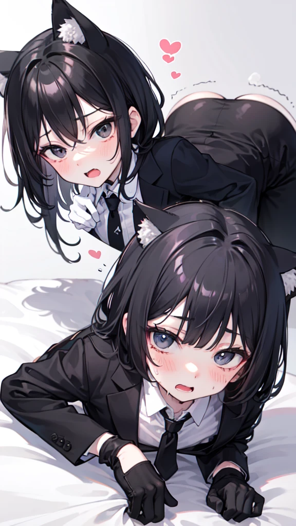 18-year-old Shota,cute,Wear a white long-sleeved shirt and a black work tie,Wear black pants,Wear black booties,Wear white gloves,wear cat ear,Black hair,Black eyes,blush,sweat,Fear,Unwilling,uncomfortable,Slobber,porn