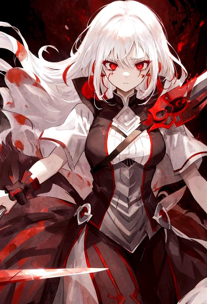 woman with white hair with red streaks, a sad facial expression, detailed red eyes, holding a large red sword, in a dark place
