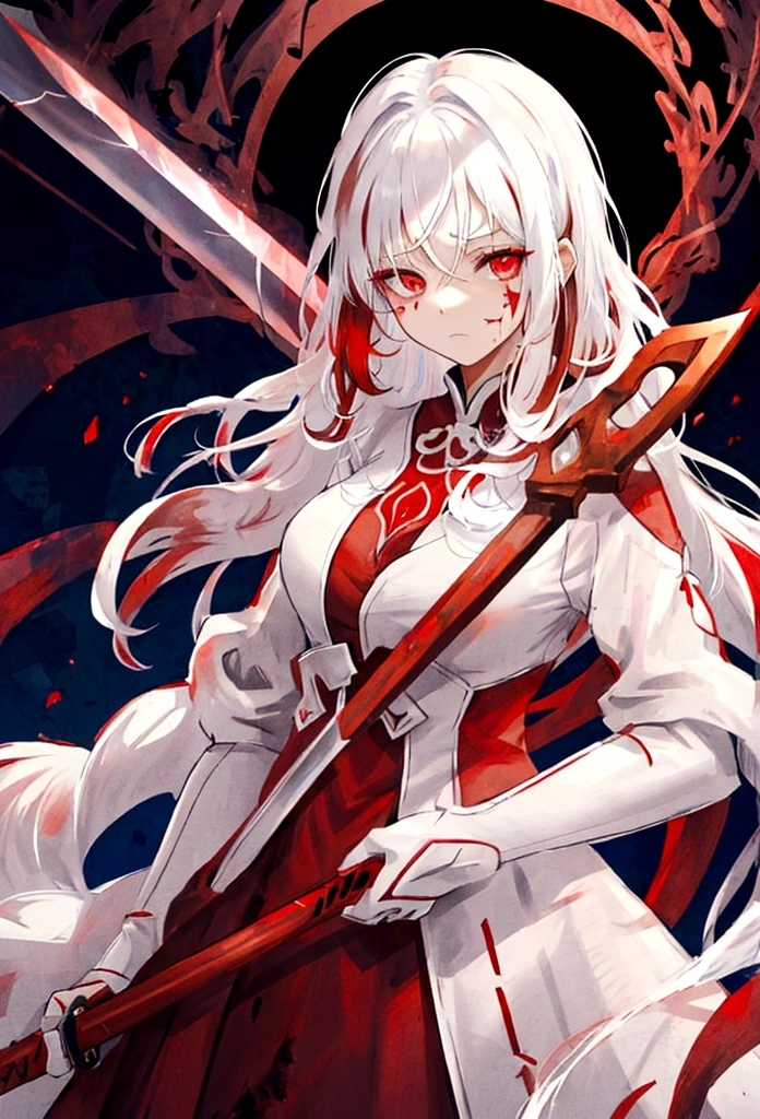 woman with white hair with red streaks, a sad facial expression, detailed red eyes, holding a large red sword, in a dark place