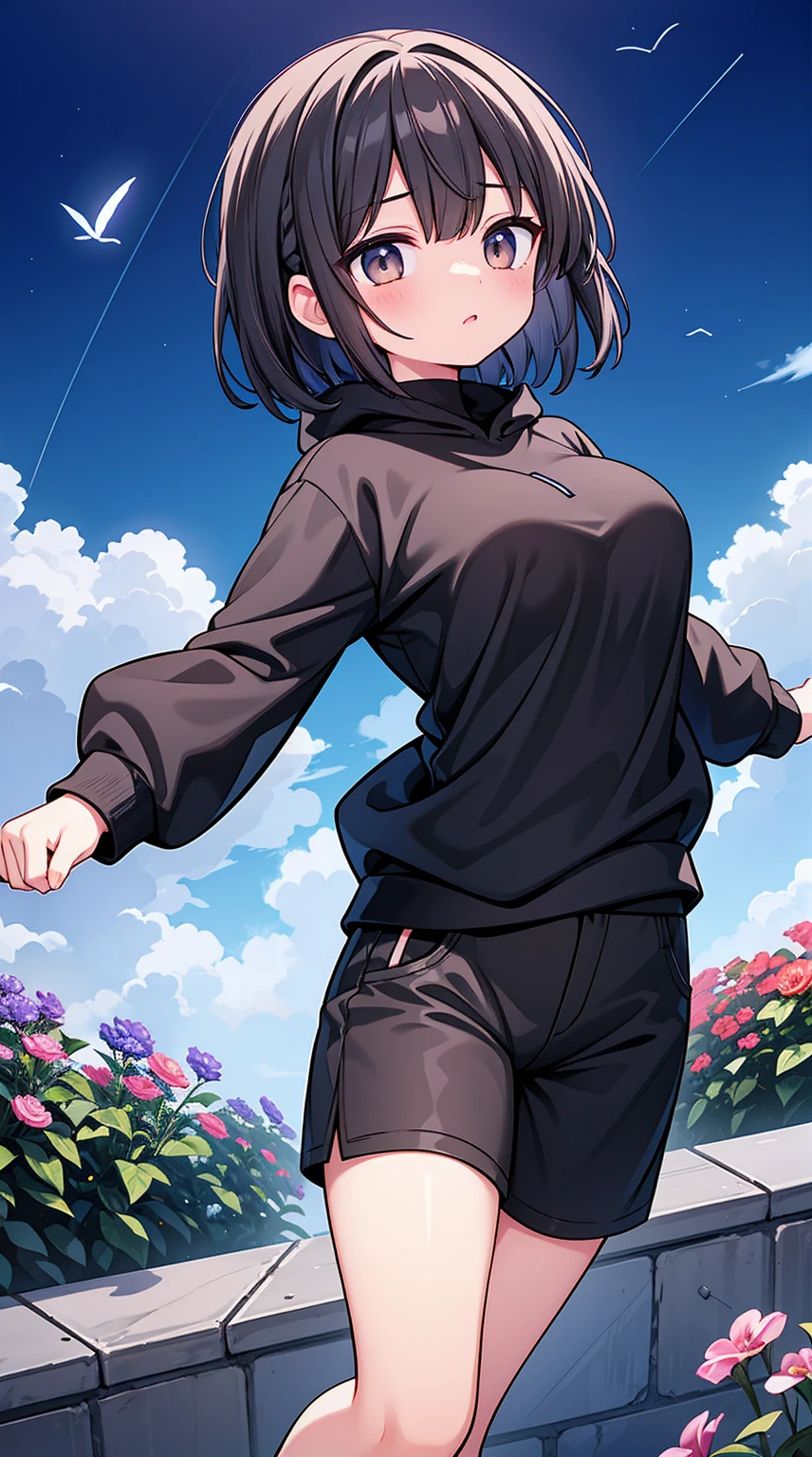 1 Sister、Braided side up short hair、dark grey HAIR、Golden Eyes、Black hooded jumper、Grey T-shirt、Very big boobs、Black shorts、Gray sneakers、Black Pantyhose、Doing parkour moves、It seems to fly through the air on the wind.、A flower field glowing pale at night、Pale Moon