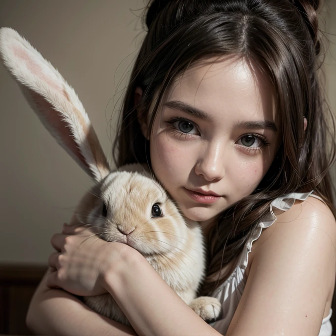 there is a girl holding a small rabbit in her hands, segurando um coelho, cute and lovely, ultrarrealista doce coelhinho menina, coelhinho menina, lindo bonito, bonito bonito, com orelhas de coelho, com orelhas de coelho grandes, chinchila animal, coelhinho, jovem e bonito, lindo e bonito, Dora, a exploradora, como garota de verdade, com olhar encantador