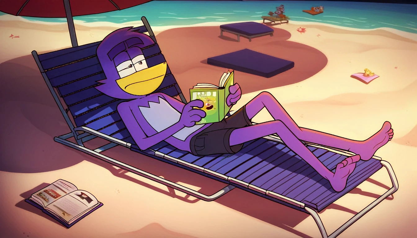 badmascot, solo, 1boy, pokemon (creature), mascot, full-size, dark background score_9, score_8_up, score_7_up, score_6_up, score_5_up, score_4_up, sunbathing, barefoot, swimming shorts, beach, sat in deck chair, reading a book, parasoul