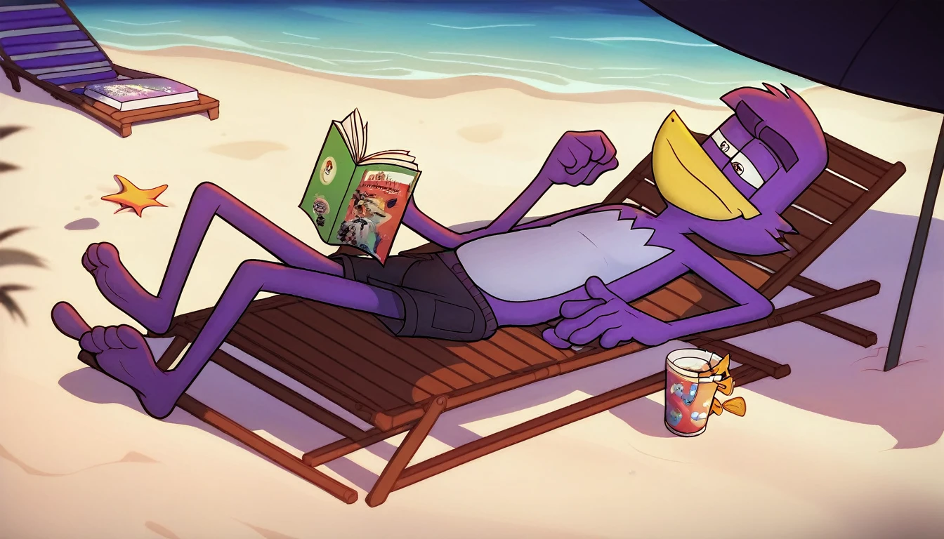 badmascot, solo, 1boy, pokemon (creature), mascot, full-size, dark background score_9, score_8_up, score_7_up, score_6_up, score_5_up, score_4_up, sunbathing, barefoot, swimming shorts, beach, sat in deck chair, reading a book, parasoul